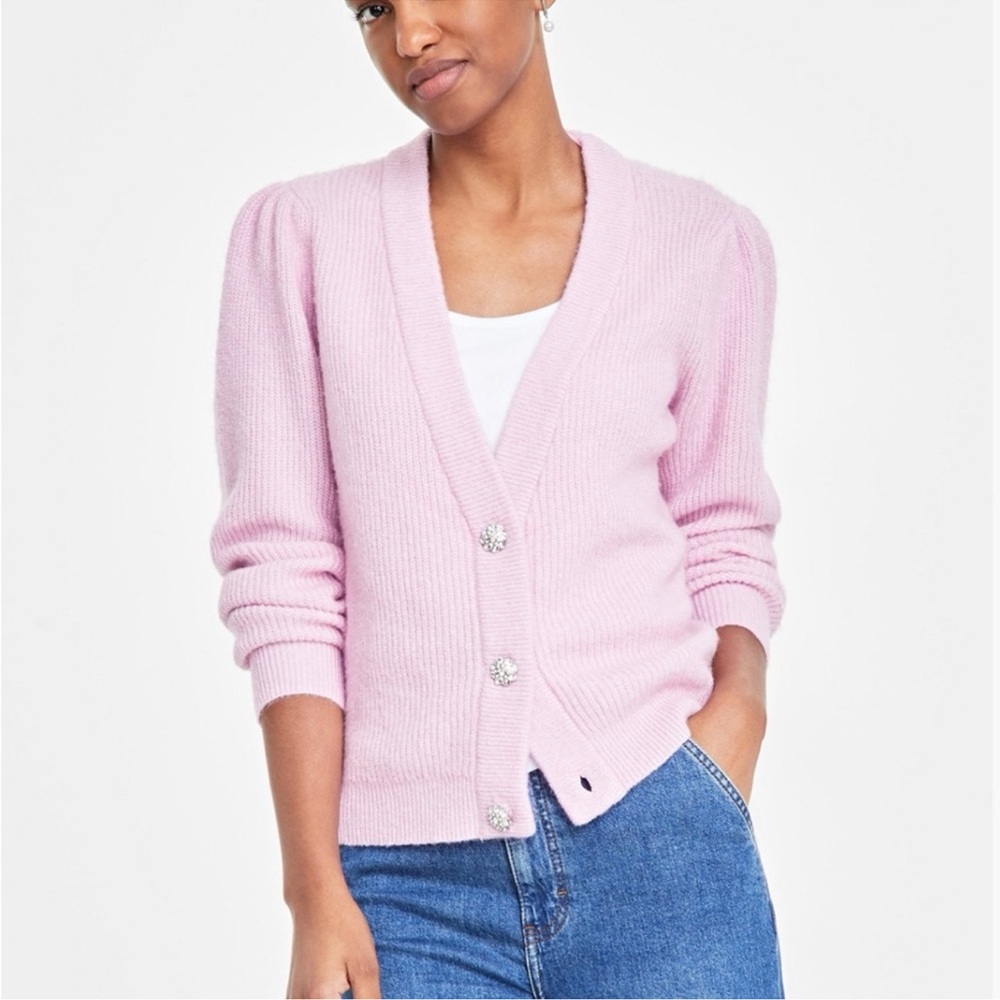 On 34th Elegant Light Pink Puff Sleeve Sparkle Button-Up Cardigan